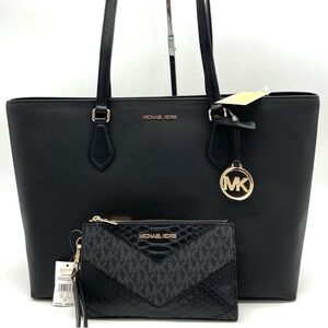 Michael Kors Bag Large Sheila Mf Tote Bag & Large Double Zip Wallet Black/Gold